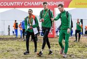 7 December 2019; Ireland athletes, from left, Efrem Gidey, Cathal Doyle and Eoin Pierce ahead of the start of the European Cross Country Championships 2019 at Bela Vista Park in Lisbon, Portugal. Photo by Sam Barnes/Sportsfile