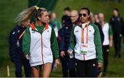 7 December 2019; Ireland athletes Amy O'Donoghue, left, and Nadia Power ahead of the start of the European Cross Country Championships 2019 at Bela Vista Park in Lisbon, Portugal. Photo by Sam Barnes/Sportsfile