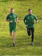 7 December 2019; Irish athletes John Travers, left, and Liam Brady, ahead of the start of the European Cross Country Championships 2019 at Bela Vista Park in Lisbon, Portugal. Photo by Sam Barnes/Sportsfile