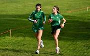 7 December 2019; Ireland athletes Claire Fagan, left, and Sorcha McAlister ahead of the start of the European Cross Country Championships 2019 at Bela Vista Park in Lisbon, Portugal. Photo by Sam Barnes/Sportsfile