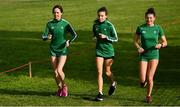 7 December 2019; Ireland athletes Roisin Flanagan, Aoibhe Richardson, and Fian Sweeney ahead of the start of the European Cross Country Championships 2019 at Bela Vista Park in Lisbon, Portugal. Photo by Sam Barnes/Sportsfile