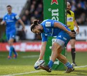 7 December 2019; James Lowe of Leinster scores his side's first try during the Heineken Champions Cup Pool 1 Round 3 match between Northampton Saints and Leinster at Franklins Gardens in Northampton, England. Photo by Ramsey Cardy/Sportsfile