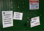 7 December 2019; Signs are seen at the entrance to the clubhouse prior to the 2020 O'Byrne Cup Round 1 match between Laois and Offaly at McCann Park in Portarlington, Co Laois. Photo by Harry Murphy/Sportsfile