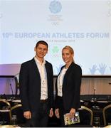 7 December 2019; The OFI Athletes’ Commission are hosting the EOC Athletes Forum in Dublin this weekend. During the day Shane O’Connor was part of a panel discussion where he outlined some of the initiatives that are being run by the OFI Athletes’ Commission. In the evening the athlete representatives from around Europe took part in a fun run in Herbert Park before enjoying the Christmas Market in the RDS. Dmytro Kirpulianskyi and Olga Saladukha of Ukraine during the OFI's hosting of the EOC Athletes’ Commission Forum at the Ballsbridge Hotel in Dublin. Photo by Stephen McCarthy/Sportsfile