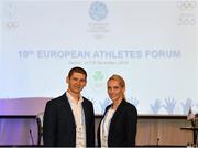 7 December 2019; The OFI Athletes’ Commission are hosting the EOC Athletes Forum in Dublin this weekend. During the day Shane O’Connor was part of a panel discussion where he outlined some of the initiatives that are being run by the OFI Athletes’ Commission. In the evening the athlete representatives from around Europe took part in a fun run in Herbert Park before enjoying the Christmas Market in the RDS. Dmytro Kirpulianskyi and Olga Saladukha of Ukraine during the OFI's hosting of the EOC Athletes’ Commission Forum at the Ballsbridge Hotel in Dublin. Photo by Stephen McCarthy/Sportsfile