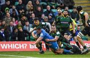 7 December 2019; Ed Byrne of Leinster dives over to score his side's seventh try during the Heineken Champions Cup Pool 1 Round 3 match between Northampton Saints and Leinster at Franklins Gardens in Northampton, England. Photo by Ramsey Cardy/Sportsfile