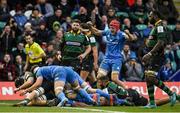 7 December 2019; Josh van der Flier of Leinster celebrates a try by Ed Byrne during the Heineken Champions Cup Pool 1 Round 3 match between Northampton Saints and Leinster at Franklins Gardens in Northampton, England. Photo by Ramsey Cardy/Sportsfile