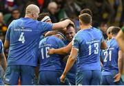 7 December 2019; Ed Byrne of Leinster celebrates with team-mates after scoring his side's seventh try during the Heineken Champions Cup Pool 1 Round 3 match between Northampton Saints and Leinster at Franklins Gardens in Northampton, England. Photo by Ramsey Cardy/Sportsfile