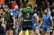 7 December 2019; Devin Toner, left, and Jamison Gibson-Park of Leinster celebrate a try during the Heineken Champions Cup Pool 1 Round 3 match between Northampton Saints and Leinster at Franklins Gardens in Northampton, England. Photo by Ramsey Cardy/Sportsfile