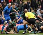 7 December 2019; Cian Healy of Leinster dives over to score his side's fourth try during the Heineken Champions Cup Pool 1 Round 3 match between Northampton Saints and Leinster at Franklins Gardens in Northampton, England. Photo by Ramsey Cardy/Sportsfile