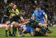 7 December 2019; Ed Byrne of Leinster is tackled by Connor Tupai, left, and Francois van Wyk of Northampton Saints during the Heineken Champions Cup Pool 1 Round 3 match between Northampton Saints and Leinster at Franklins Gardens in Northampton, England. Photo by Ramsey Cardy/Sportsfile