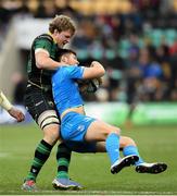 7 December 2019; Ross Byrne of Leinster is tackled by Jamie Gibson of Northampton Saints during the Heineken Champions Cup Pool 1 Round 3 match between Northampton Saints and Leinster at Franklins Gardens in Northampton, England. Photo by Ramsey Cardy/Sportsfile