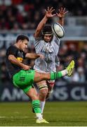 7 December 2019; Danny Care of Harlequins getting his box kick away despite the attention of Iain Henderson of Ulster during the Heineken Champions Cup Pool 3 Round 3 match between Ulster and Harlequins at Kingspan Stadium in Belfast. Photo by Oliver McVeigh/Sportsfile
