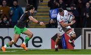 7 December 2019; Sean Reidy of Ulster goes over for his side's first try depite the tackle of Michele Campagnaro of Harlequins during the Heineken Champions Cup Pool 3 Round 3 match between Ulster and Harlequins at Kingspan Stadium in Belfast. Photo by Oliver McVeigh/Sportsfile