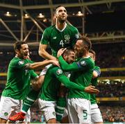 26 March 2019; Conor Hourihane of Republic of Ireland celebrates after scoring his side's first goal with team-mates, from left, Robbie Brady, Shane Duffy and Richard Keogh during the UEFA EURO2020 Group D qualifying match between Republic of Ireland and Georgia at the Aviva Stadium, Lansdowne Road, in Dublin. Photo by Stephen McCarthy/Sportsfile