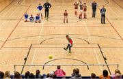 26 May 2019; Goalkeeper Conor McKeown of Inniskeen, Co Monaghan, scores the winning penalty in the penalty shoot-out at the Indoor Soccer U13 Boys Semi-Final event during Day 2 of the Aldi Community Games May Festival, which saw over 3,500 children take part in a fun-filled weekend at University of Limerick. Photo by Piaras Ó Mídheach/Sportsfile