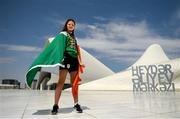 27 July 2019; Molly Mayne of Ireland poses for a portrait with her 100m breaststroke Bronze medal and her 200m breaststroke Bronze medal in front of the Heydar Aliyev Center in Baku during Day Six of the 2019 Summer European Youth Olympic Festival in Baku, Azerbaijan. Photo by Eóin Noonan/Sportsfile