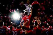 3 August 2019; Peter O'Driscoll of Cork and team-mates celebrate with the trophy following the EirGrid GAA Football All-Ireland U20 Championship Final match between Cork and Dublin at O’Moore Park in Portlaoise, Laois. Photo by Harry Murphy/Sportsfile