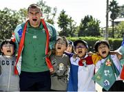 11 October 2019; Rhys Ruddock sings 'Ireland's Call' with students during a visit by the Ireland rugby squad to Kasuga Elementary School in Kusaga, Fukuoka, Japan. Photo by Brendan Moran/Sportsfile