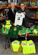 8 December 2019; Republic of Ireland manager Mick McCarthy was on hand today to hand over Republic of Ireland bags filled with jerseys, footballs, scarfs & other merchandise to Liam Casey, East Region President, St Vincent De Paul, at the St Vincent De Paul depot on Sean McDermott Street, Summerhill, Dublin. The gifts are part of an annual Christmas donation for families in need. Photo by Seb Daly/Sportsfile