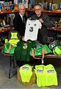 8 December 2019; Republic of Ireland manager Mick McCarthy was on hand today to hand over Republic of Ireland bags filled with jerseys, footballs, scarfs & other merchandise to Liam Casey, East Region President, St Vincent De Paul, at the St Vincent De Paul depot on Sean McDermott Street, Summerhill, Dublin. The gifts are part of an annual Christmas donation for families in need. Photo by Seb Daly/Sportsfile