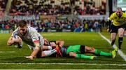 7 December 2019; Stuart McCloskey of Ulster goes over for his side's second try during the Heineken Champions Cup Pool 3 Round 3 match between Ulster and Harlequins at Kingspan Stadium in Belfast. Photo by Oliver McVeigh/Sportsfile