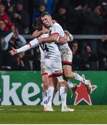 7 December 2019; Ulster players John Cooney, Billy Burns, and Louis Ludik celebrates after the Heineken Champions Cup Pool 3 Round 3 match between Ulster and Harlequins at Kingspan Stadium in Belfast. Photo by Oliver McVeigh/Sportsfile