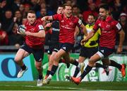 7 December 2019; Rory Scannell of Munster, supported by team-mates Mike Haley and Conor Murray, goes through to score a try which was subsequently disallowed during the Heineken Champions Cup Pool 4 Round 3 match between Munster and Saracens at Thomond Park in Limerick. Photo by Diarmuid Greene/Sportsfile