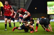 7 December 2019; Peter O'Mahony of Munster is tackled by Brad Barritt of Saracens before going on to score his side's first try during the Heineken Champions Cup Pool 4 Round 3 match between Munster and Saracens at Thomond Park in Limerick. Photo by Diarmuid Greene/Sportsfile