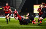 7 December 2019; Peter O'Mahony of Munster scores his side's first try despite the efforts of Brad Barritt of Saracens during the Heineken Champions Cup Pool 4 Round 3 match between Munster and Saracens at Thomond Park in Limerick. Photo by Diarmuid Greene/Sportsfile