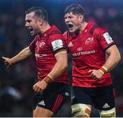 7 December 2019; JJ Hanrahan and Jack O’Donoghue of Munster celebrate a turnover during the Heineken Champions Cup Pool 4 Round 3 match between Munster and Saracens at Thomond Park in Limerick. Photo by Diarmuid Greene/Sportsfile