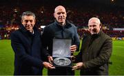 7 December 2019; EPCR Director General Vincent Gaillard, left, and EPCR board member Mick Kearney make a presentation to former Munster captain Paul O'Connell during the Heineken Champions Cup Pool 4 Round 3 match between Munster and Saracens at Thomond Park in Limerick. Photo by Brendan Moran/Sportsfile