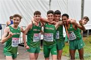 8 December 2019; The Ireland Men's U20 team, from left, Thomas McStay, Jamie Battle, Daragh McElhinney, Keelan Kilrehill, Efrem Gidey and Shay McEvoy celebrate winning a medal after competing in the Men's U20 event during the European Cross Country Championships 2019 at Bela Vista Park in Lisbon, Portugal. Photo by Sam Barnes/Sportsfile