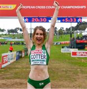 8 December 2019; Stephanie Cotter of Ireland celebrates winning a bronze medal in the Women's U23 event competing during the European Cross Country Championships 2019 at Bela Vista Park in Lisbon, Portugal. Photo by Sam Barnes/Sportsfile