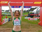 8 December 2019; Stephanie Cotter of Ireland competing celebrates winning a bronze medal in the Women's U23 event competing during the European Cross Country Championships 2019 at Bela Vista Park in Lisbon, Portugal. Photo by Sam Barnes/Sportsfile
