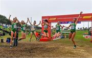 8 December 2019; The Ireland U23 Women's team, from left, Eilish Flanagan, Roisin Flanagan, Stephanie Cotter, Claire Fagan, Sorcha McAlister and Fian Sweeney celebrate winning a team silver medal during the European Cross Country Championships 2019 at Bela Vista Park in Lisbon, Portugal. Photo by Sam Barnes/Sportsfile
