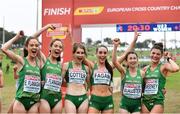 8 December 2019; The Ireland U23 Women's team, from left, Eilish Flanagan, Roisin Flanagan, Stephanie Cotter, Claire Fagan, Sorcha McAlister and Fian Sweeney celebrate winning a team silver medal during the European Cross Country Championships 2019 at Bela Vista Park in Lisbon, Portugal. Photo by Sam Barnes/Sportsfile
