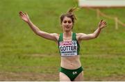 8 December 2019; Stephanie Cotter of Ireland celebrates on her way to finishing third in the Women's U23 event competing during the European Cross Country Championships 2019 at Bela Vista Park in Lisbon, Portugal. Photo by Sam Barnes/Sportsfile