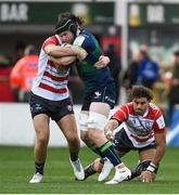 8 December 2019; Eoghan Masterson of Connacht is tackled by Jake Polledri of Gloucester during the Heineken Champions Cup Pool 5 Round 3 match between Gloucester and Connacht at Kingsholm Stadium in Gloucester, England. Photo by Ramsey Cardy/Sportsfile