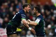 8 December 2019; John Porch, left, celebrates with Connacht team-mate Caolin Blade after scoring his side's first try during the Heineken Champions Cup Pool 5 Round 3 match between Gloucester and Connacht at Kingsholm Stadium in Gloucester, England. Photo by Ramsey Cardy/Sportsfile