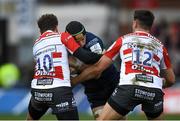 8 December 2019; Eoghan Masterson of Connacht is tackled by Danny Cipriani, left, and Mark Atkinson of Gloucester during the Heineken Champions Cup Pool 5 Round 3 match between Gloucester and Connacht at Kingsholm Stadium in Gloucester, England. Photo by Ramsey Cardy/Sportsfile