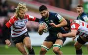 8 December 2019; Colby Fainga'a of Connacht is tackled by Billy Twelvetrees, left, and Ben Morgan of Gloucester during the Heineken Champions Cup Pool 5 Round 3 match between Gloucester and Connacht at Kingsholm Stadium in Gloucester, England. Photo by Ramsey Cardy/Sportsfile