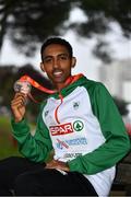 8 December 2019; Efrem Gidey of Ireland with his bronze medal from the U20 Men's event during the European Cross Country Championships 2019 at Bela Vista Park in Lisbon, Portugal. Photo by Sam Barnes/Sportsfile