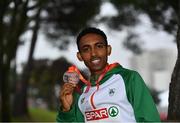 8 December 2019; Efrem Gidey of Ireland with his bronze medal from the U20 Men's event during the European Cross Country Championships 2019 at Bela Vista Park in Lisbon, Portugal. Photo by Sam Barnes/Sportsfile