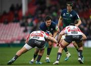 8 December 2019; Quinn Roux of Connacht is tackled by Val Rapava Ruskin, left, and Jake Polledri of Gloucester during the Heineken Champions Cup Pool 5 Round 3 match between Gloucester and Connacht at Kingsholm Stadium in Gloucester, England. Photo by Ramsey Cardy/Sportsfile