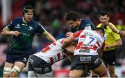 8 December 2019; Quinn Roux of Connacht is tackled by Val Rapava Ruskin, left, and Jake Polledri of Gloucester during the Heineken Champions Cup Pool 5 Round 3 match between Gloucester and Connacht at Kingsholm Stadium in Gloucester, England. Photo by Ramsey Cardy/Sportsfile