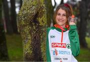 8 December 2019; Stephanie Cotter of Ireland poses for a photo with her bronze medal from the Women's U23 event during the European Cross Country Championships 2019 at Bela Vista Park in Lisbon, Portugal. Photo by Sam Barnes/Sportsfile