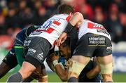 8 December 2019; Bundee Aki of Connacht is tackled by Danny Cipriani, left, and Lewis Ludlow of Gloucester during the Heineken Champions Cup Pool 5 Round 3 match between Gloucester and Connacht at Kingsholm Stadium in Gloucester, England. Photo by Ramsey Cardy/Sportsfile