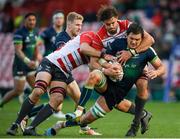 8 December 2019; Quinn Roux of Connacht is tackled by Lewis Ludlow, left, and Gerbrandt Grobler of Gloucester during the Heineken Champions Cup Pool 5 Round 3 match between Gloucester and Connacht at Kingsholm Stadium in Gloucester, England. Photo by Ramsey Cardy/Sportsfile