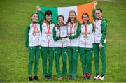 8 December 2019; Irish athletes, from left, Aoibhe Richardson, Una Britton, Fionnuala McCormack, Mary Mulhare, Fionnuala Ross and Ciara Mageean after winning a team silver medal in the Senior Women's event during the European Cross Country Championships 2019 at Bela Vista Park in Lisbon, Portugal. Photo by Sam Barnes/Sportsfile